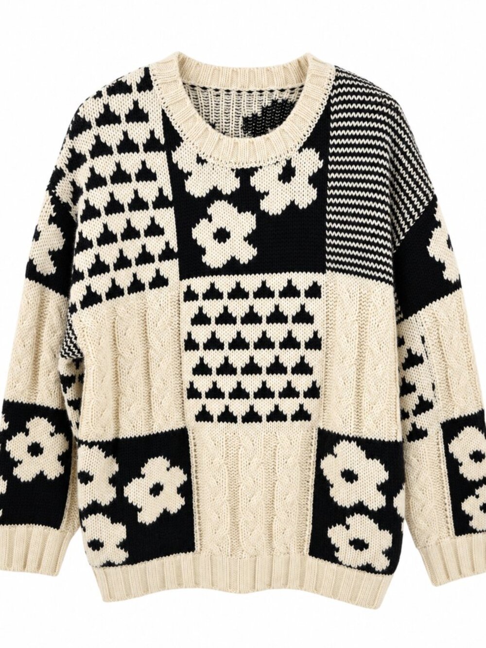 By Together Black/cream Patchwork Floral Cable Knit Oversized M Artsy Folk